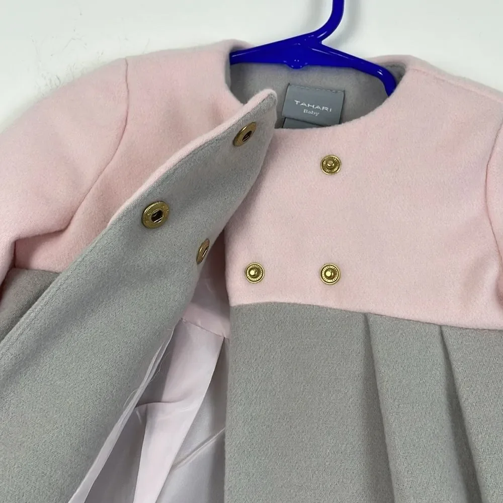 Tahari Baby Dress Coat 12 Months Gray Pink Button Front Pleated